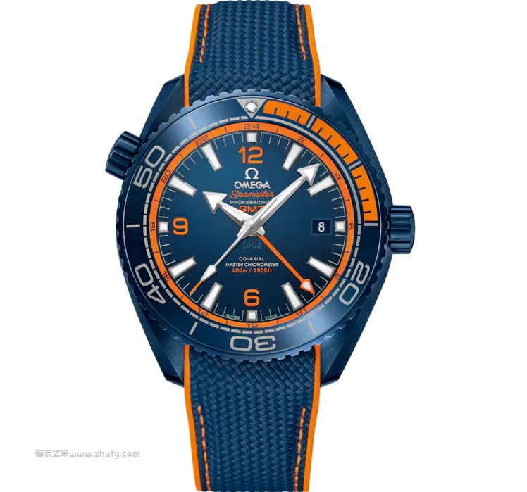Omega Planet Ocean 600M Big Blue ceramic blue orange front view