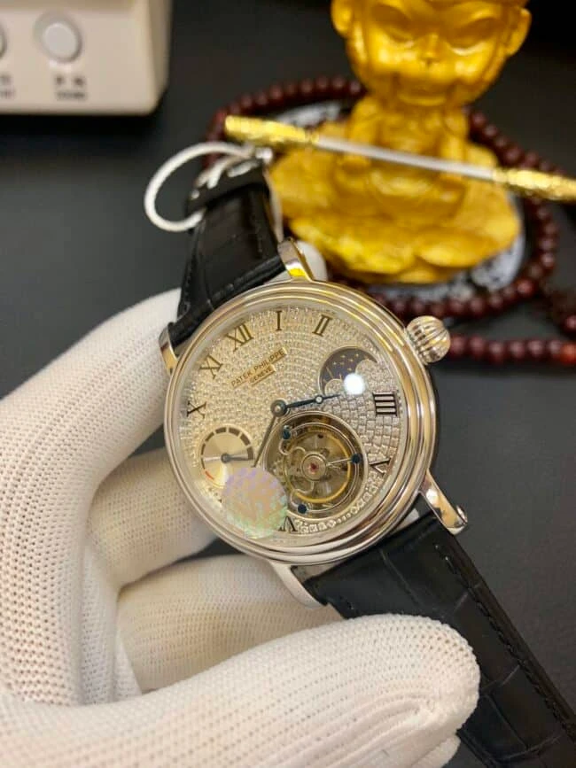 百达翡丽18K铂金表陀飞轮复刻表 真金真钻定制正面图