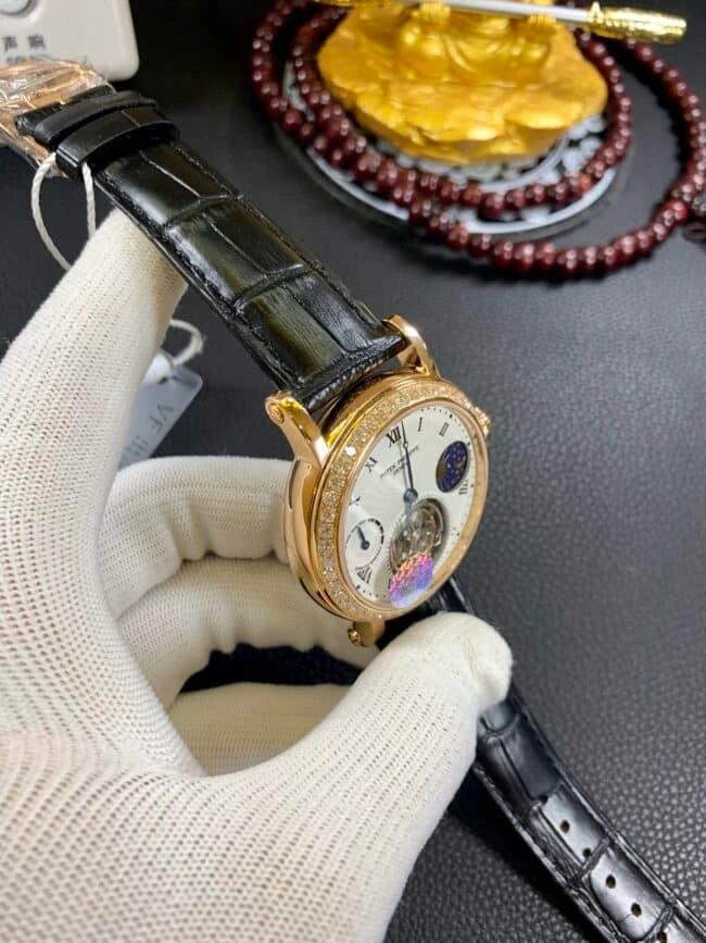 百达翡丽陀飞轮18K玫瑰金复刻表 南非真钻细节图